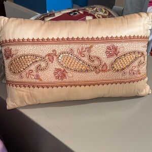 Embroidered Beige Pillow with Paisley Design